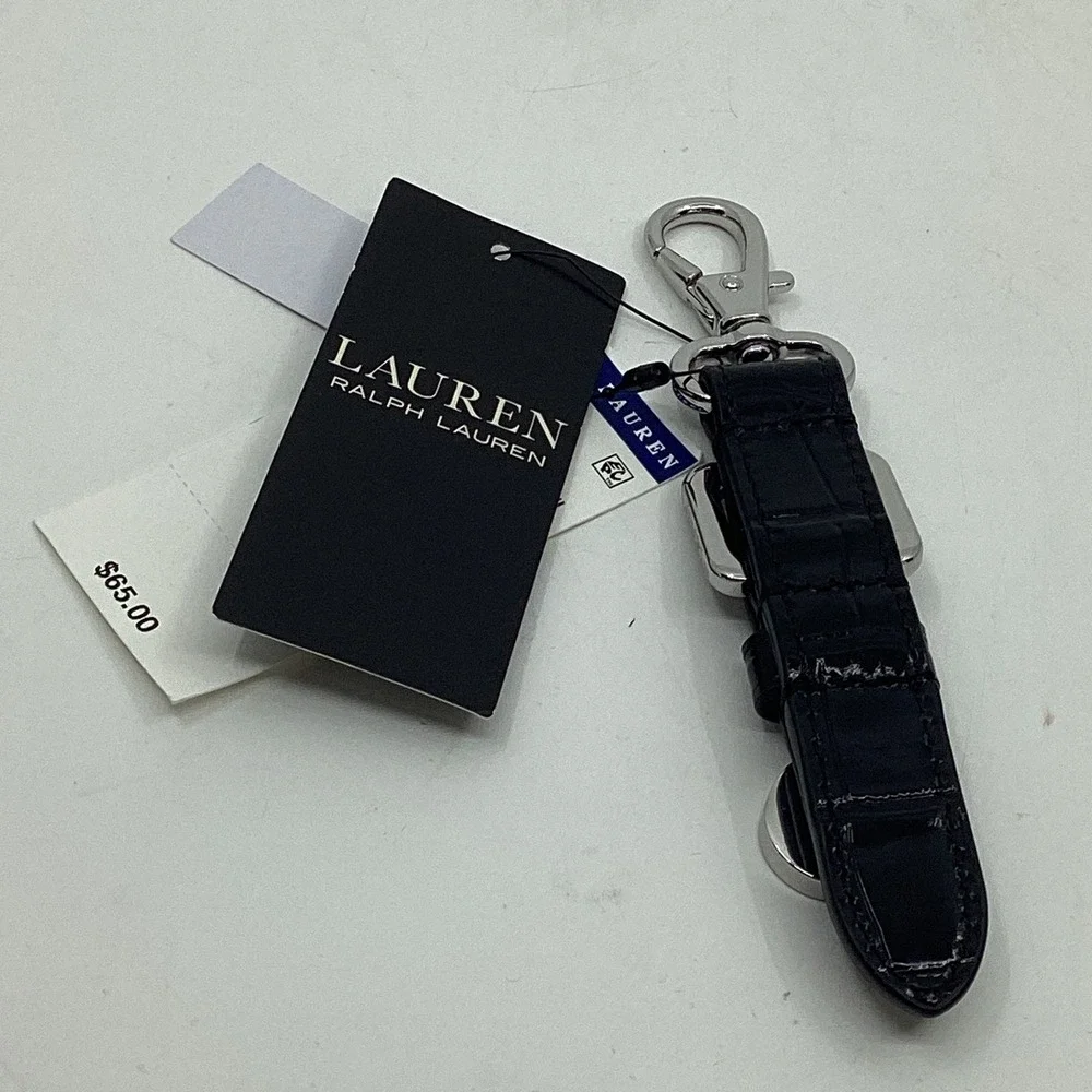 Lauren Ralph Lauren Black Croc Embossed Leather Buckle Padlock Keychain NWT